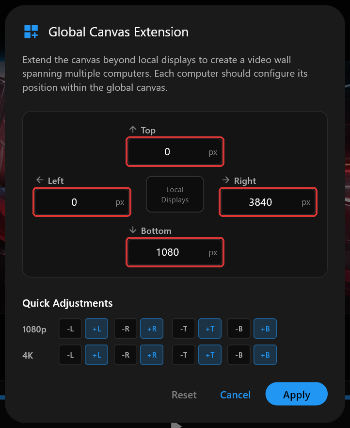 PC 1's Global Canvas Extension dialog with Top, Right, Bottom and Left set to 0, 3840, 1080 and 0, the four fields marked