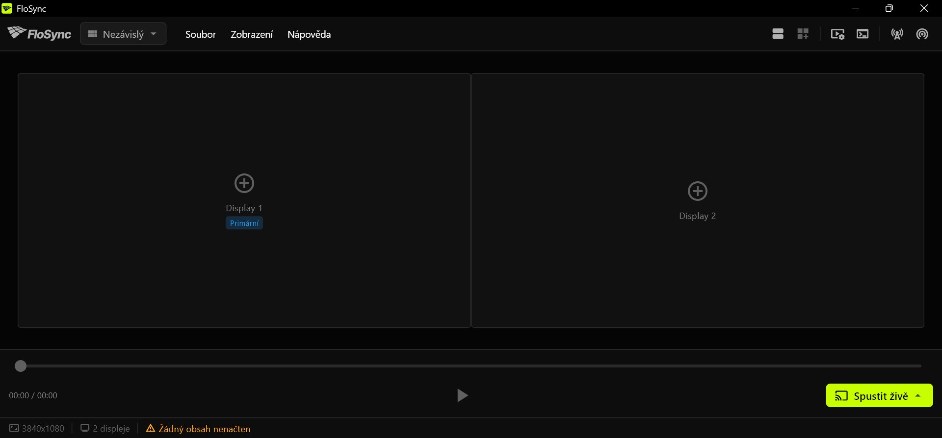 Editor FloSync se dvěma prázdnými rámečky obrazovek vedle sebe, Display 1 označený jako Primární, se stavovou zprávou Žádný obsah nenačten