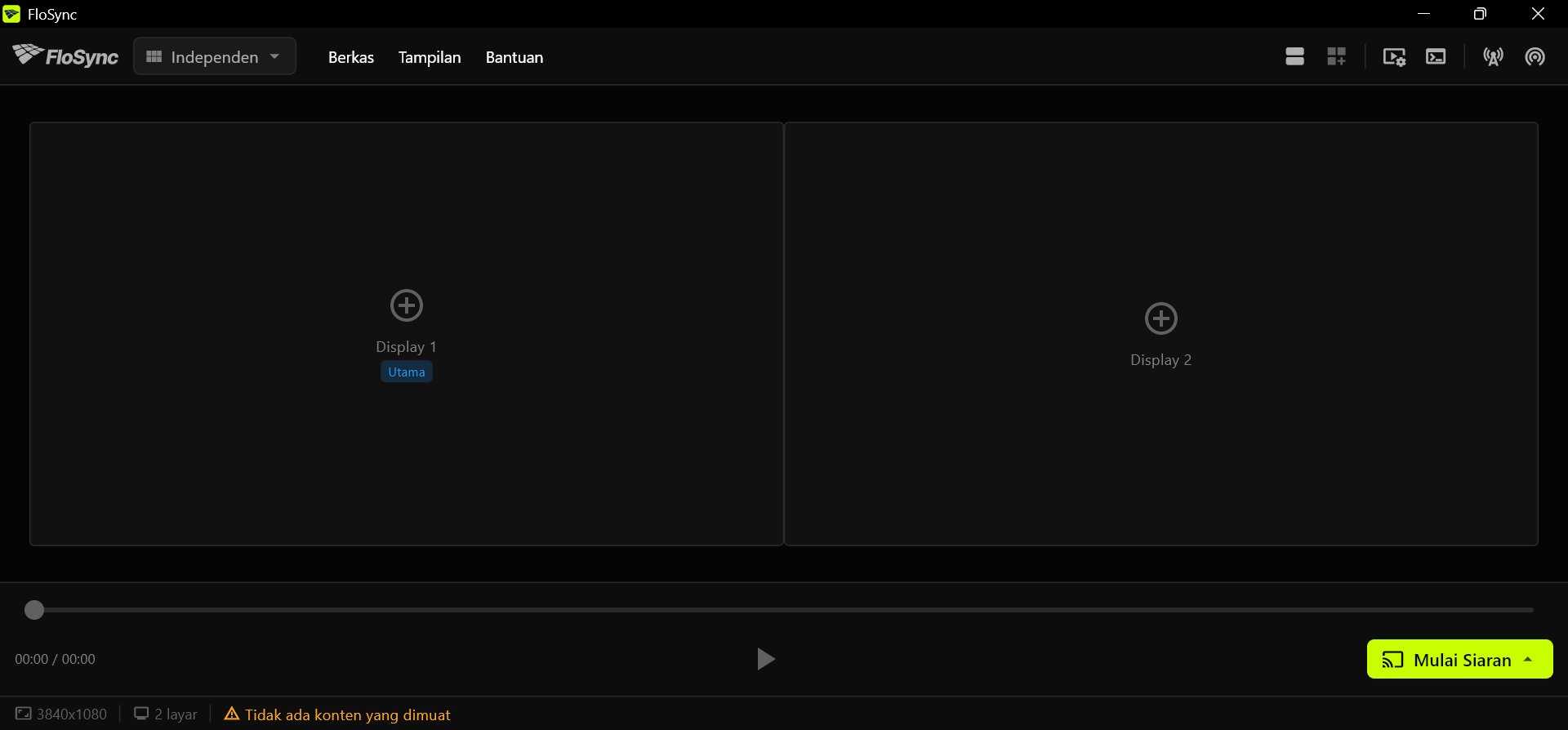 Panel kontrol FloSync dengan dua kotak layar kosong berdampingan, Display 1 ditandai Utama, dan status Tidak ada konten yang dimuat