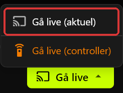 Serverens Gå live-menu åben over knappen Gå live, med Gå live (aktuel) markeret og Gå live (controller) i orange