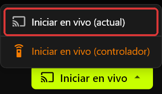 El menú Iniciar en vivo del servidor abierto encima del botón Iniciar en vivo, con Iniciar en vivo (actual) marcado en rojo e Iniciar en vivo (controlador) en naranja