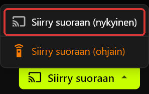 Palvelimen Siirry suoraan -valikko auki Siirry suoraan -painikkeen yläpuolella, näkyvissä Siirry suoraan (nykyinen), merkittynä, ja Siirry suoraan (ohjain) oranssina