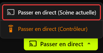 Le menu Passer en direct du serveur ouvert au-dessus du bouton Passer en direct, avec Passer en direct (Scène actuelle) encadré en rouge, et Passer en direct (Contrôleur) en orange