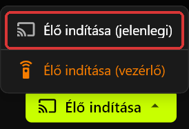 A szerver Élő indítása menüje az Élő indítása gomb fölött megnyitva: benne a pirossal keretezett Élő indítása (jelenlegi) és a narancssárga Élő indítása (vezérlő)