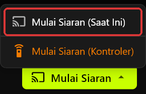 Menu Mulai Siaran di server terbuka di atas tombol Mulai Siaran, menampilkan Mulai Siaran (Saat Ini), ditandai, dan Mulai Siaran (Kontroler) berwarna oranye