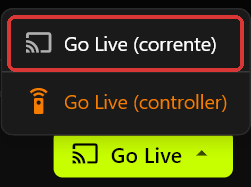 Il menu Go Live del server aperto sopra il pulsante Go Live, con Go Live (corrente) evidenziato in rosso e Go Live (controller) in arancione