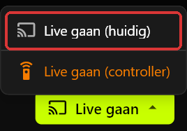 Het Live gaan-menu van de server geopend boven de knop Live gaan, met Live gaan (huidig) rood omlijnd en Live gaan (controller) in oranje