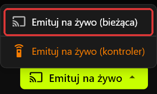 Menu serwera otwarte nad przyciskiem Emituj na żywo: opcja Emituj na żywo (bieżąca) w czerwonej ramce i opcja Emituj na żywo (kontroler) na pomarańczowo