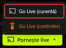 Meniul Go Live al serverului, deschis deasupra butonului Pornește live, cu Go Live (curentă) marcat și Go Live (controler) în portocaliu