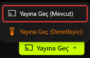 Sunucuda Yayına Geç düğmesinin üzerinde açılmış menü; kırmızı çerçeveyle işaretli Yayına Geç (Mevcut) ve turuncu Yayına Geç (Denetleyici) görünüyor