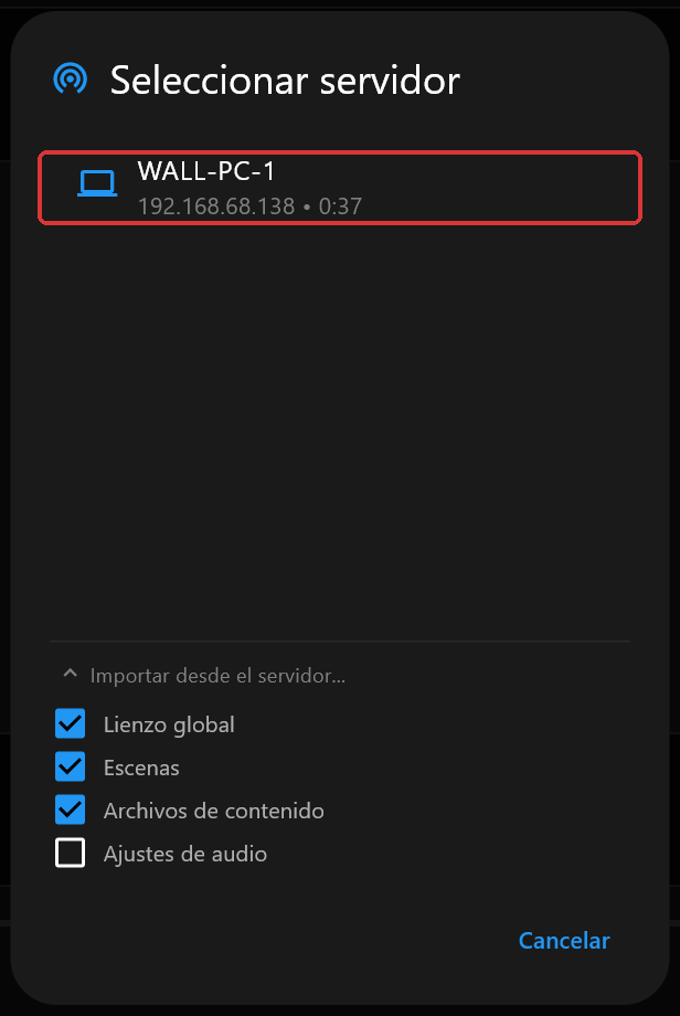 El cuadro de diálogo Seleccionar servidor con un solo servidor en la lista, WALL-PC-1, con Importar desde el servidor desplegado, Lienzo global, Escenas y Archivos de contenido marcados, Ajustes de audio sin marcar y la fila del servidor marcada en rojo