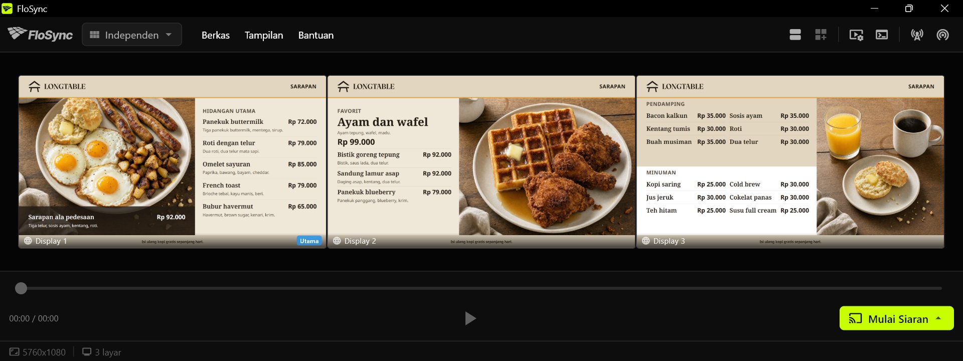 Panel kontrol FloSync dengan tiga layar dalam mode Independen, masing-masing menampilkan panel sarapan Harvest Table-nya, kiri, tengah, dan kanan