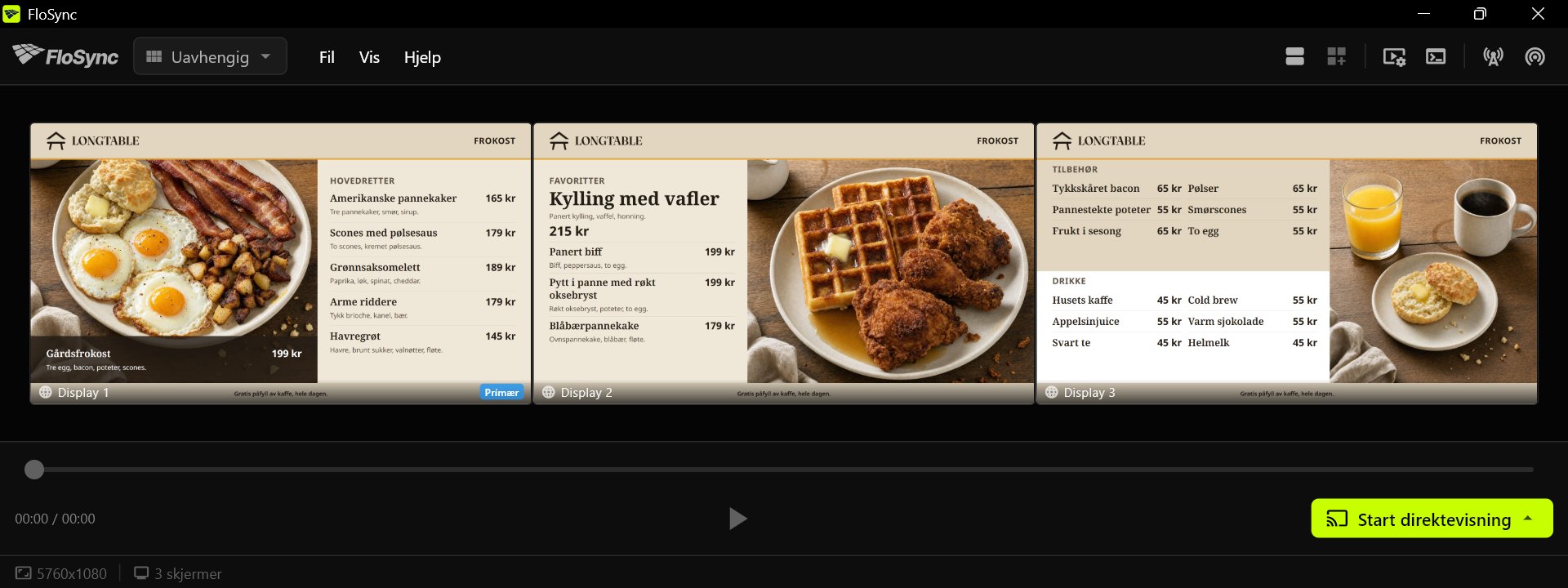 FloSync-redigeringsvisningen med tre skjermer i Uavhengig modus, hver med sitt Harvest Table-frokostpanel, venstre, midten og høyre