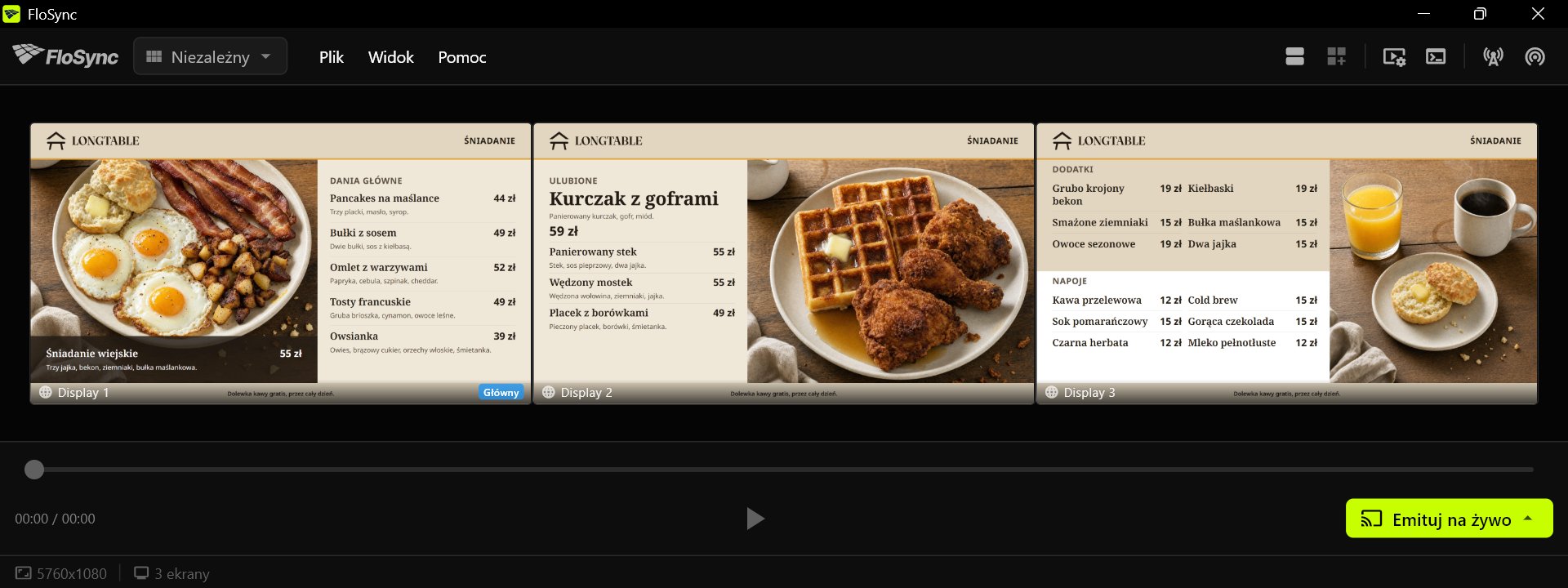 Kompozytor FloSync z trzema ekranami w trybie Niezależnym, każdy pokazujący swój panel śniadaniowy Harvest Table, lewy, środkowy i prawy
