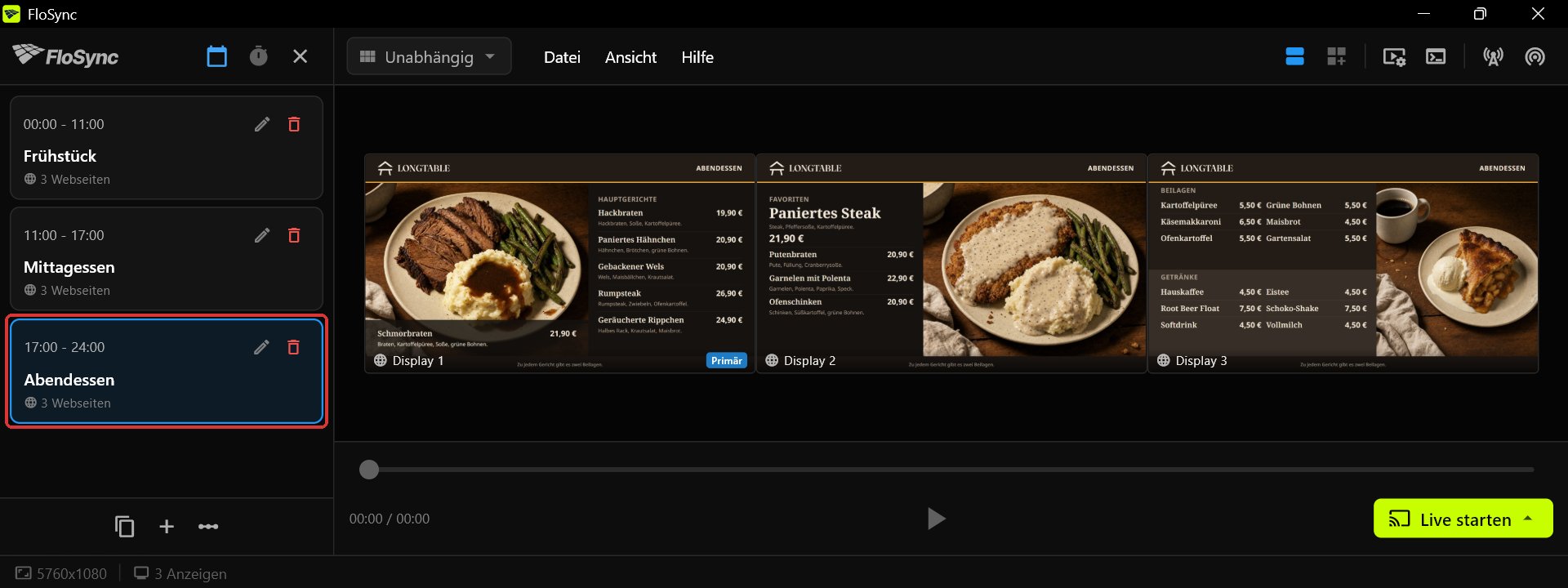 FloSync-Composer mit geöffnetem Zeitplan-Panel und ausgewählter Szene Abendessen, jeder der drei Bildschirme zeigt seine Harvest-Table-Abendseite
