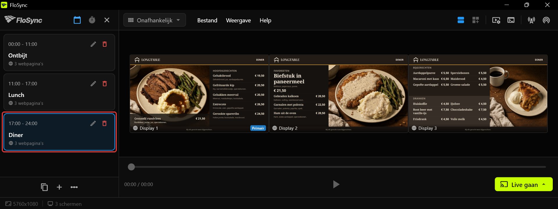 FloSync-composer met het planningspaneel open en de scène Diner geselecteerd, elk van de drie schermen met zijn eigen Harvest Table-dinerpaneel