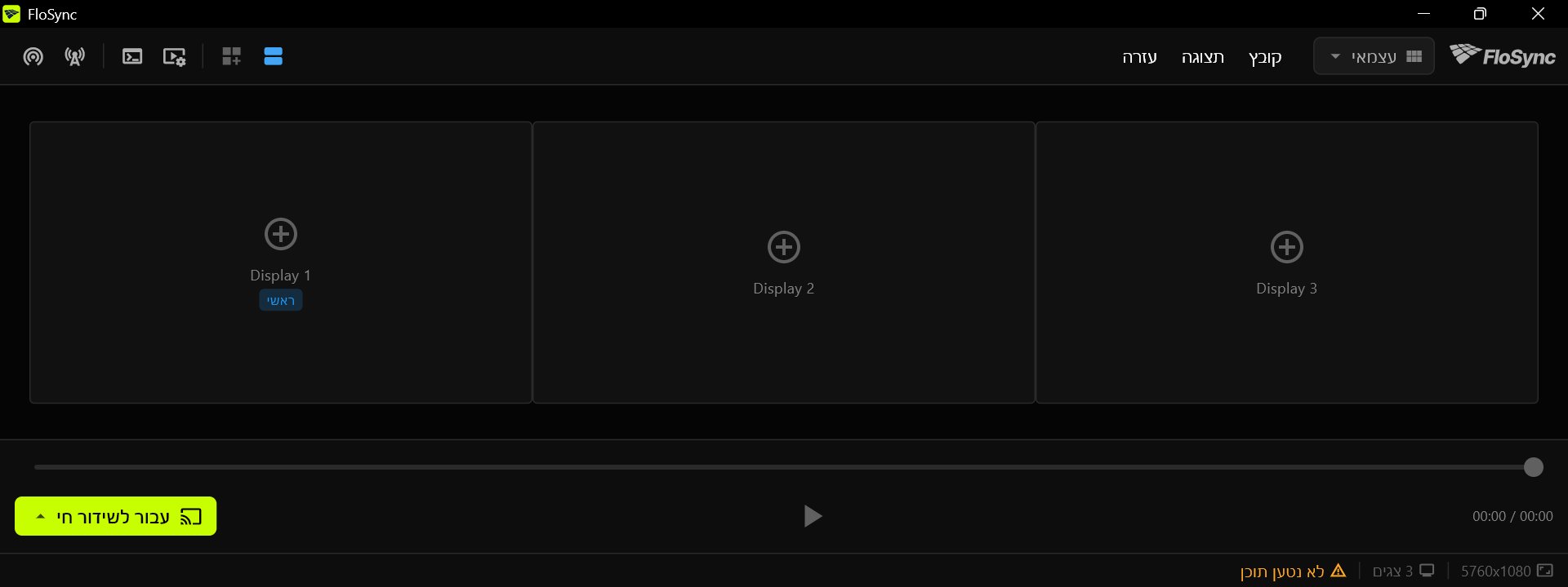 הקומפוזר של FloSync עם שלוש תיבות מסך ריקות זו לצד זו, Display 1 מסומן "ראשי", והודעת סטטוס "לא נטען תוכן"