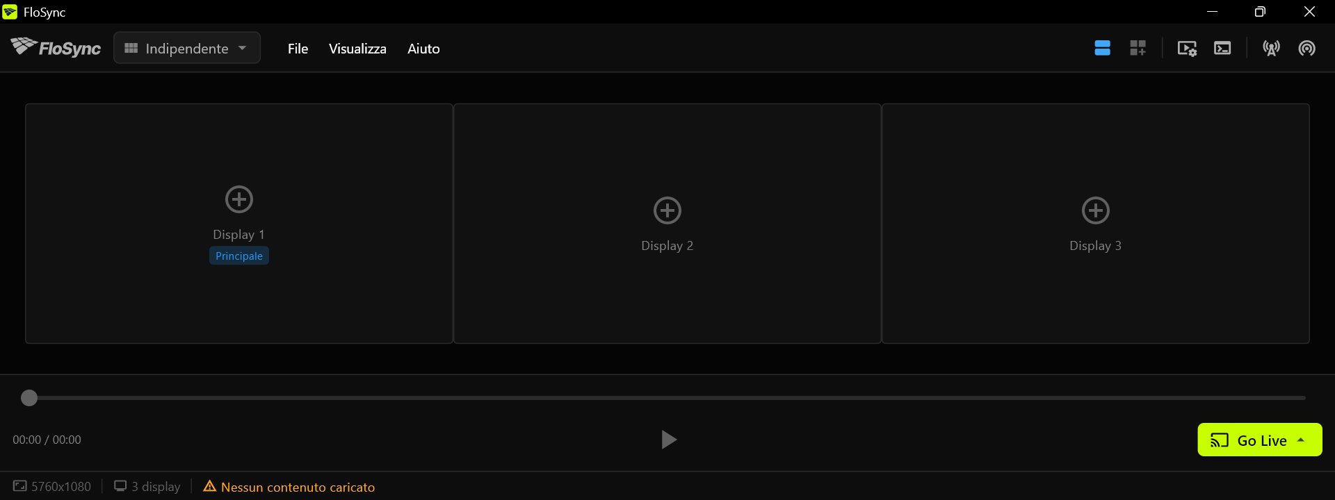 Il compositore di FloSync con tre riquadri schermo vuoti affiancati, Display 1 contrassegnato come Principale, e uno stato Nessun contenuto caricato