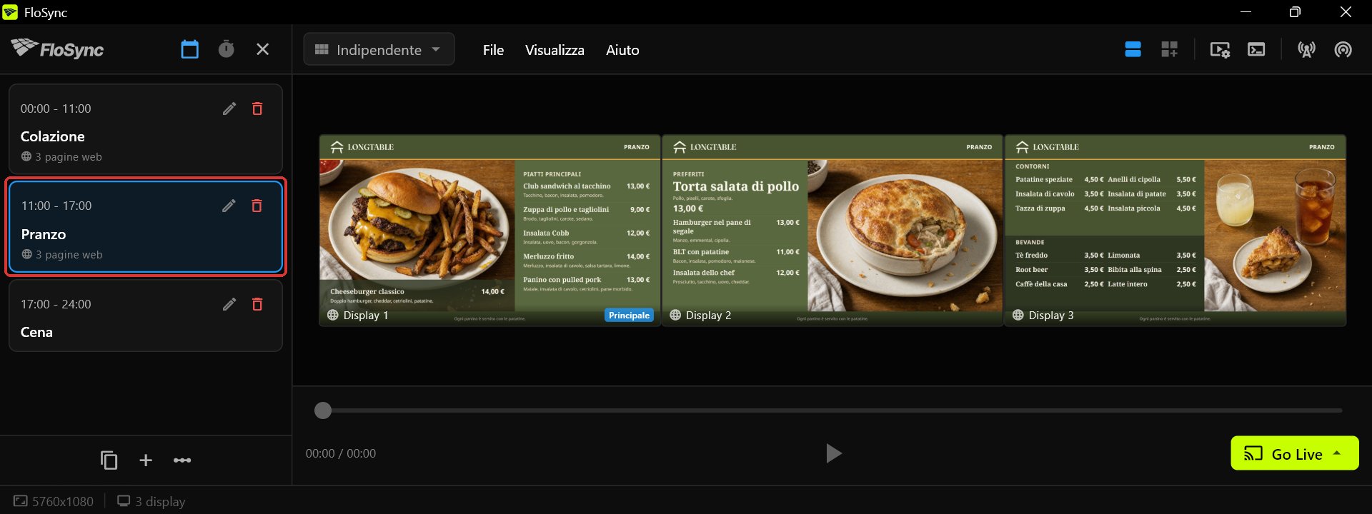 Il compositore di FloSync con il Pannello pianificazione aperto e la scena Pranzo selezionata, ciascuno dei tre schermi con il proprio pannello Harvest Table del pranzo