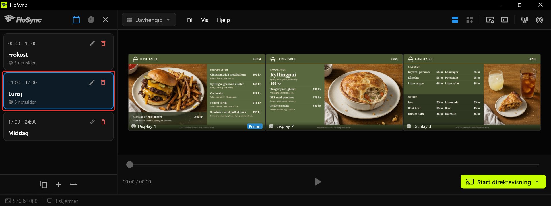 FloSync-redigeringsvisningen med tidsplan-panelet åpent og Lunsj-scenen valgt, hver av de tre skjermene med sitt Harvest Table-lunsjpanel