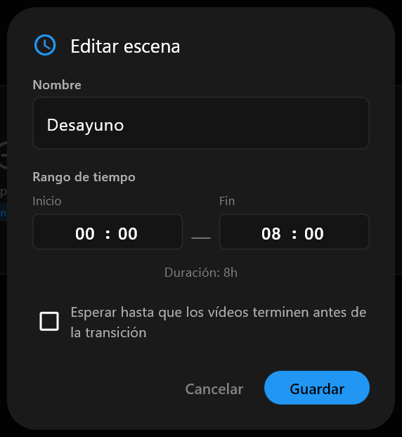 El cuadro de diálogo Editar escena con Desayuno escrito en el campo Nombre y las horas de Inicio y Fin debajo