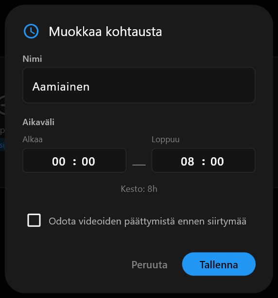 Muokkaa kohtausta -dialogi, jossa Nimi-kenttään on kirjoitettu Aamiainen ja sen alla Alkaa- ja Loppuu-ajat