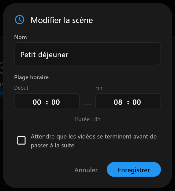 La boîte de dialogue Modifier la scène avec Petit déjeuner saisi dans le champ Nom et les horaires Début et Fin en dessous