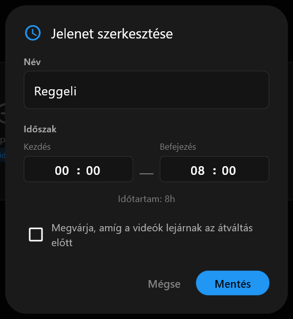 A Jelenet szerkesztése párbeszédablak, a Név mezőbe beírt Reggeli szöveggel, alatta a Kezdés és Befejezés időpontokkal
