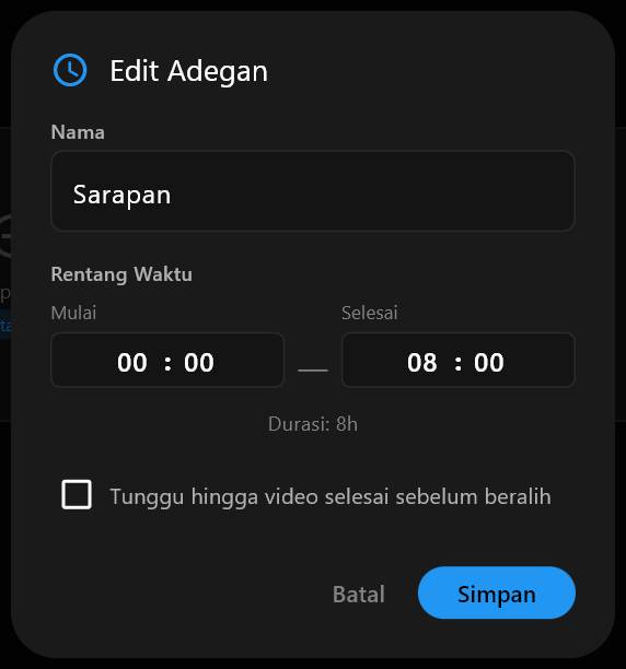 Kotak dialog Edit Adegan dengan Sarapan diketik di kolom Nama dan waktu Mulai dan Selesai di bawahnya