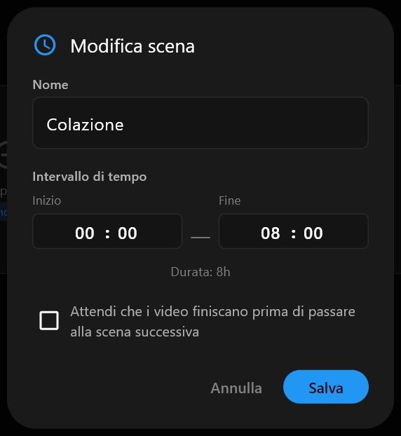 La finestra Modifica scena con Colazione digitato nel campo Nome e gli orari Inizio e Fine sotto di esso