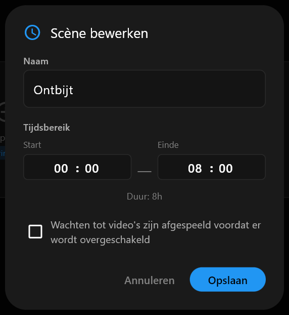 Het dialoogvenster Scène bewerken met Ontbijt getypt in het veld Naam en de tijden Start en Einde eronder