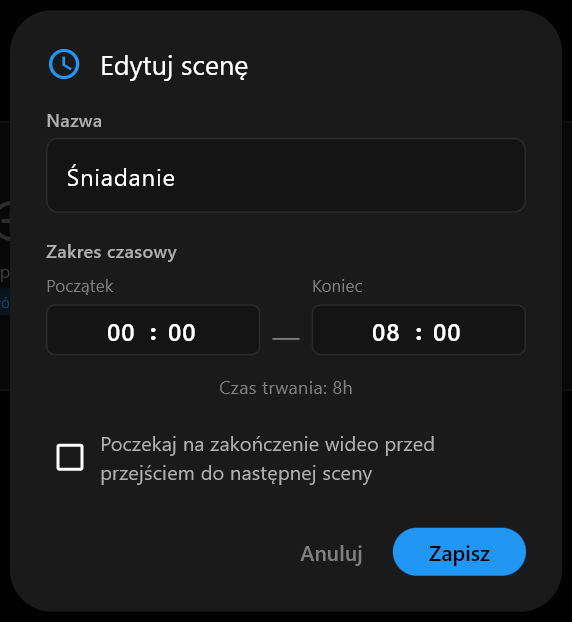 Okno Edytuj scenę z wpisanym Śniadanie w polu Nazwa oraz godzinami Początek i Koniec poniżej