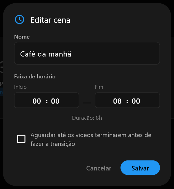 O diálogo Editar cena com Café da manhã digitado no campo Nome e os horários de Início e Fim logo abaixo