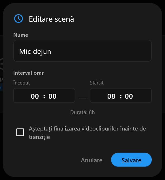 Dialogul Editare scenă cu Mic dejun scris în câmpul Nume și orele de Început și Sfârșit dedesubt