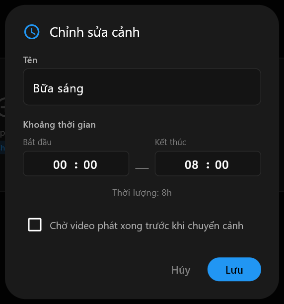 Hộp thoại Chỉnh sửa cảnh với Bữa sáng được gõ vào trường Tên, cùng giờ Bắt đầu và Kết thúc bên dưới
