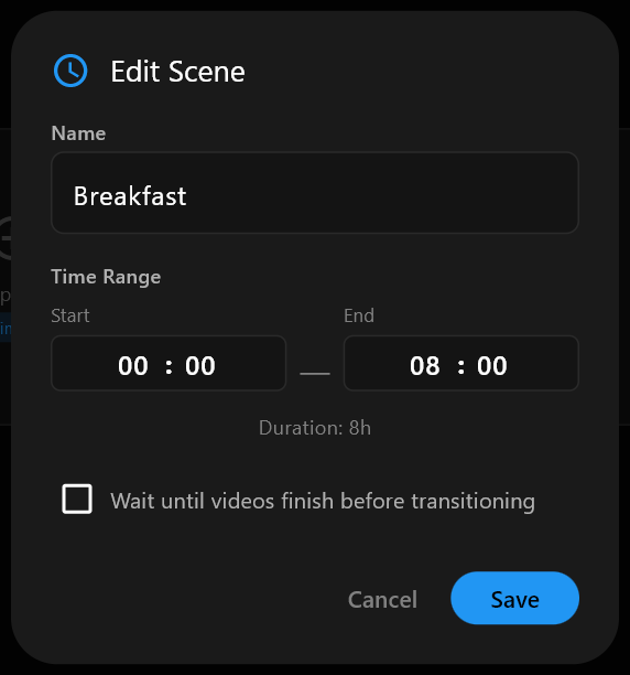 The Edit Scene dialog with Breakfast typed into the Name field and the Start and End times below it