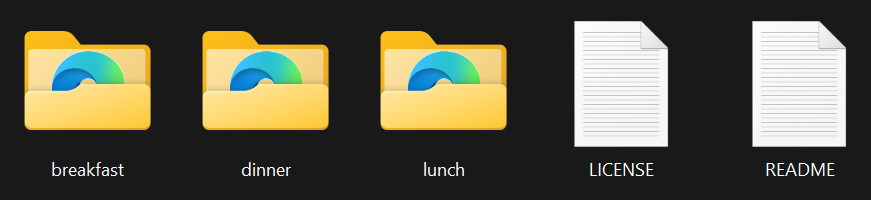 Der entpackte Ordner harvest-table-en-landscape-html im Windows-Explorer: die Ordner breakfast, dinner und lunch neben den Dateien LICENSE und README