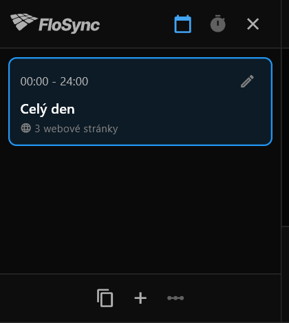 Panel harmonogramu právě po otevření, zobrazuje jednu scénu, Celý den, od 00:00 do 24:00, obsahující 3 webové stránky