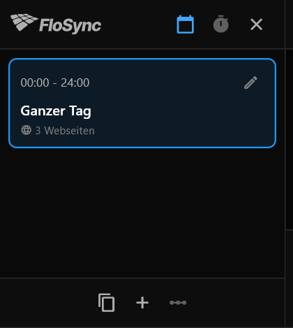 Das gerade geöffnete Zeitplan-Panel mit einer Szene, Ganzer Tag, von 00:00 bis 24:00, mit 3 Webseiten