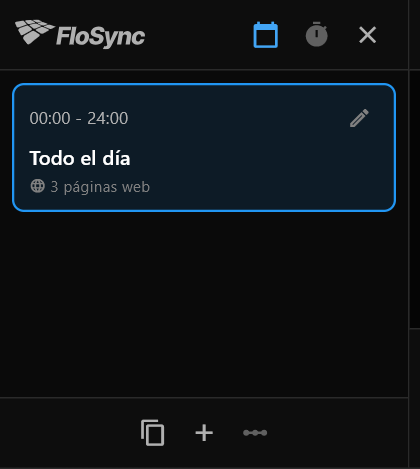 El panel de programación recién abierto, mostrando una escena, Todo el día, de 00:00 a 24:00, con 3 páginas web