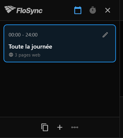 Le panneau de programmation qui vient de s'ouvrir, affichant une scène, Toute la journée, de 00:00 à 24:00, contenant 3 pages web