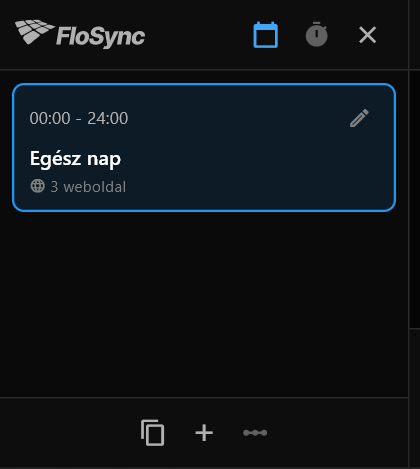 Az ütemezési panel frissen megnyitva, egyetlen jelenettel, Egész nap, 00:00-tól 24:00-ig, 3 weboldalt tartalmazva