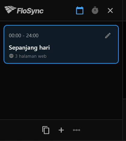 Panel jadwal yang baru dibuka, menampilkan satu scene, Sepanjang hari, dari 00:00 sampai 24:00, berisi 3 halaman web
