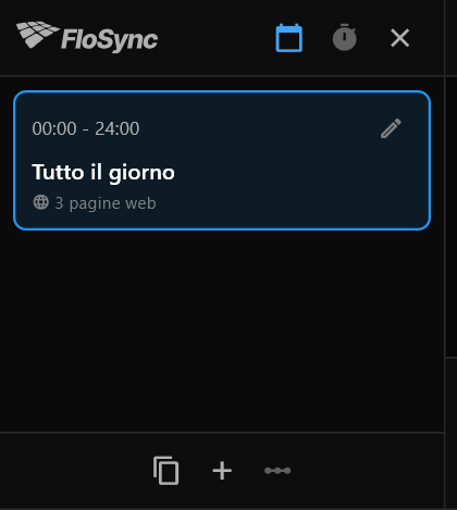 Il Pannello pianificazione appena aperto, con una scena, Tutto il giorno, dalle 00:00 alle 24:00, contenente 3 pagine web