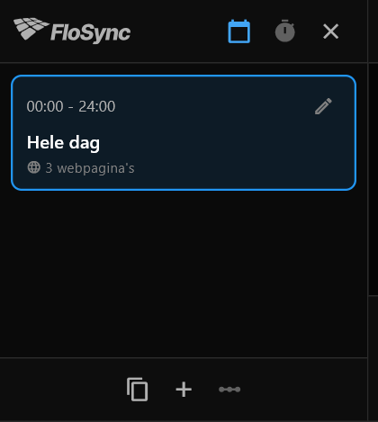 Het planningspaneel net geopend, met één scène, Hele dag, van 00:00 tot 24:00, met 3 webpagina's