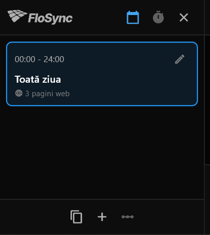 Panoul de programare tocmai deschis, arătând o singură scenă, Toată ziua, de la 00:00 la 24:00, cu 3 pagini web