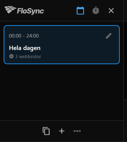 Schemapanelen precis öppnad, med en scen, Hela dagen, från 00:00 till 24:00, som innehåller 3 webbsidor