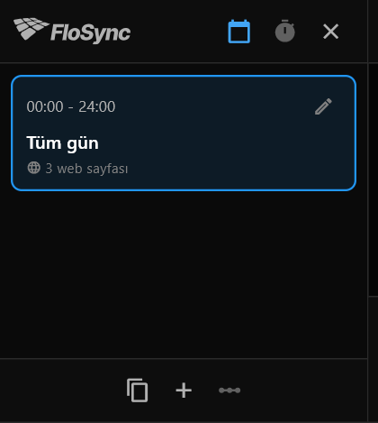 Az önce açılmış program paneli; 00:00'dan 24:00'e kadar süren, 3 web sayfası içeren tek bir Tüm gün sahnesi gösteriyor