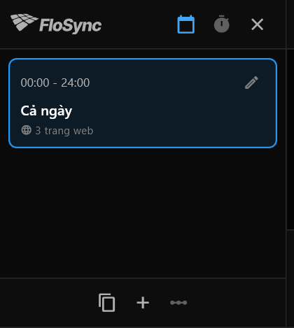 Bảng lịch vừa mở ra, hiển thị một cảnh, Cả ngày, từ 00:00 đến 24:00, chứa 3 trang web
