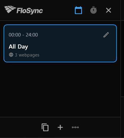 The schedule panel just opened, showing one scene, All Day, from 00:00 to 24:00, holding 3 webpages